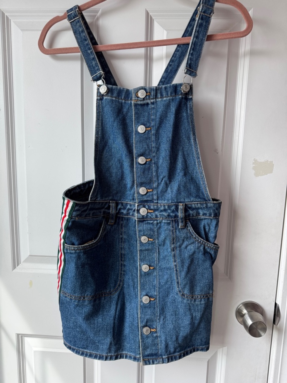 PacSun Denim Button-Front Overall Skirt with Red & Green Stripe